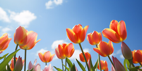 Orange and yellow colored spring tulip flowers in full bloom with blue sky in background
