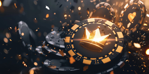 An image featuring a cascade of golden poker chips with a regal crown design, against a dark backdrop with dynamic sparks and bokeh effects - obrazy, fototapety, plakaty