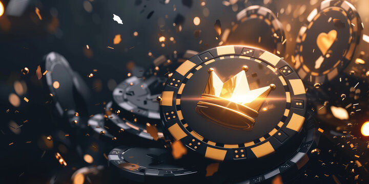 An image featuring a cascade of golden poker chips with a regal crown design, against a dark backdrop with dynamic sparks and bokeh effects