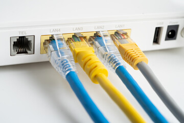 Ethernet cable with wireless router connect to internet service provider internet network. - obrazy, fototapety, plakaty