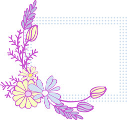 Composition (frame) of isolated cute graphic elements of bright colors with a lilac outline with a frame on a white background. Digital illustration suitable for scrapbooking, branding, social media