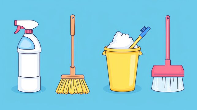 Various cleaning supplies neatly arranged on a vibrant blue background. Versatile image suitable for advertising cleaning products or illustrating the concept of cleanliness and hygiene