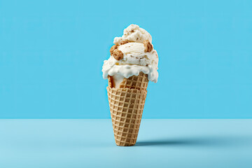 Vanilla Ice Cream with Cookie Crumbles in a Crispy Cone on a Vibrant Blue Background - Generative AI