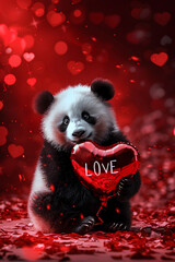 Cute panda with a red heart balloon on glamour red background. With a text Love. For Valentine's...