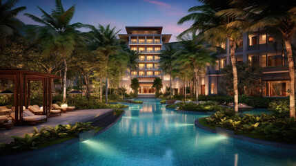 Obraz na płótnie Canvas Luxury Poolside Retreat Surrounded by Palm Trees - Generative AI