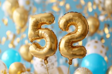52. Geburtstag, "52" aus goldenen Heliumballons, festlicher Hintergrund