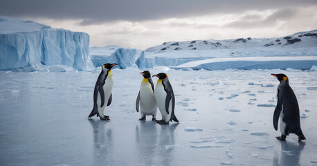 Penguins on ice Antarctica, landscape of snow 