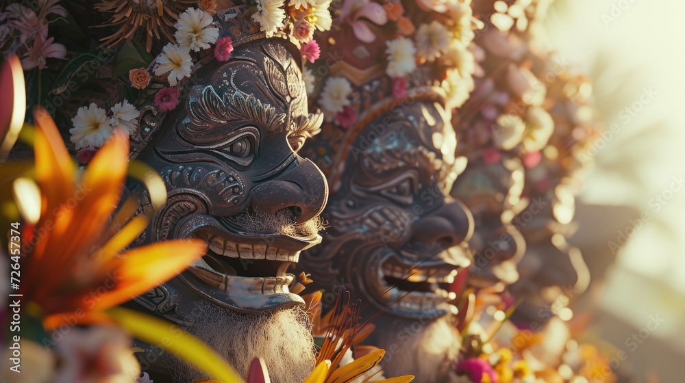 Poster A close-up view of a group of statues adorned with colorful flowers. This image can be used to add an artistic touch to various projects