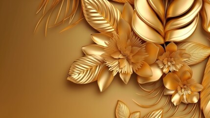 Fototapeta na wymiar Golden Botanical Embossed Floral Design Luxurious Background.