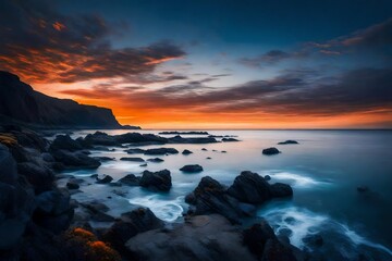 Obraz premium A coastal view with a gradient sky transitioning from orange to deep blue at twilight.