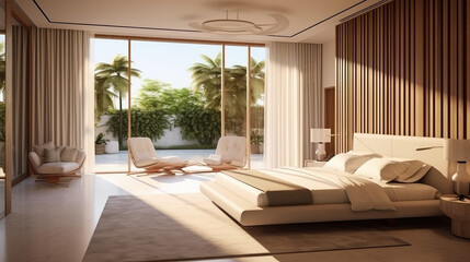 Sunlit Modern Bedroom with Tropical View - Generative AI