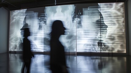 Motion blur of people walking next to big screen