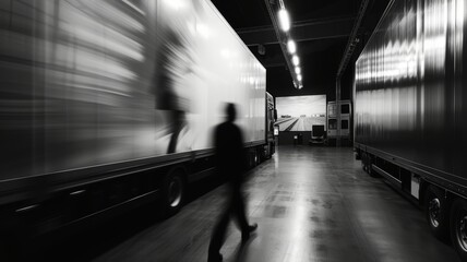 Motion blur of people walking in the warehouse