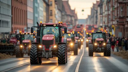 Agricultural workers protest. Protesting farmers blocking city streets by convoys of tractors.  - obrazy, fototapety, plakaty