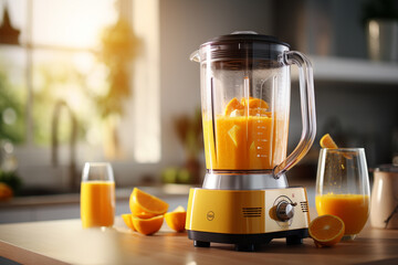 Electric juicer with fresh orange juice on table in kitchen, closeup