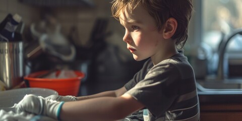 A young boy can be seen washing dishes in a kitchen. This image can be used to depict household chores or teach children about responsibility - obrazy, fototapety, plakaty