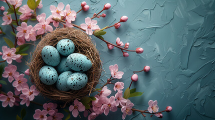 a bird nest with several blue speckled eggs and flowers