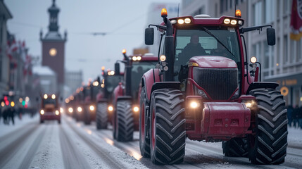 Agricultural workers protest. Protesting farmers blocking city streets by convoys of tractors. 