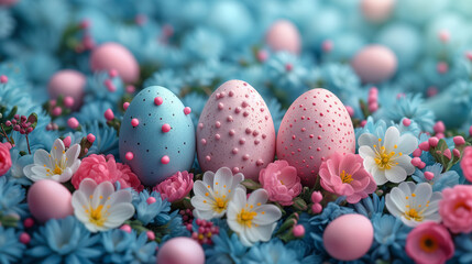 Fototapeta na wymiar some pink and blue easter eggs on a bed of pink and blue flowers