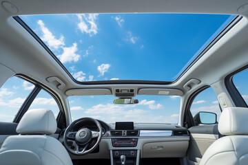 White leather seats in a modern car interior with blue sky and clouds