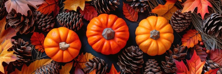A festive Thanksgiving themed flat lay featuring autumn leaves, pinecones, and decorative pumpkins