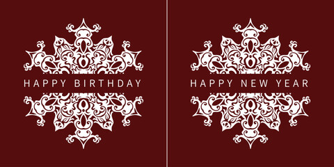 Two sets of HAPPY BIRTHDAY and HAPPY NEW YEAR white pattern on dark background. Text will be editable. A unique floral retro pattern antique minimalist design for cards, posts, advertisement. EPS.