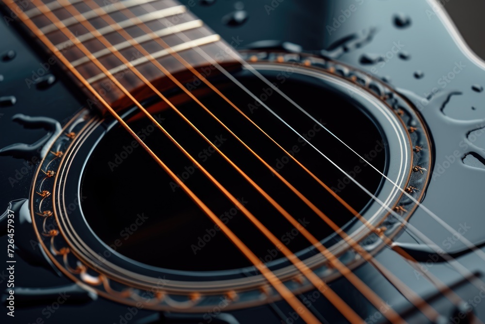 Poster a detailed view of a guitar with water droplets on its surface. this image can be used to represent 