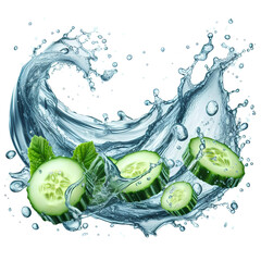 Clean water splash with cucumber slices and splatters in water wave isolated on white background
