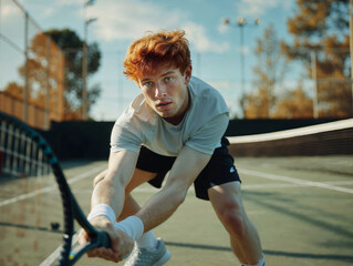Obraz premium Portrait of a young red-haired tennis player about to slam the tennis ball on the court, focused, the muscles are tense, kinetic atmosphere of a sports tournament, warm background. 