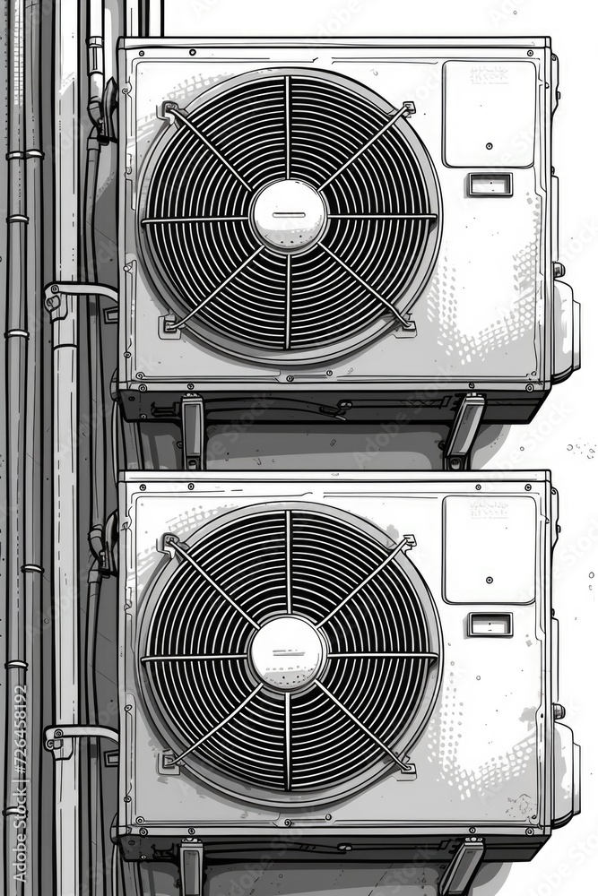 Poster two air conditioners sitting on top of a wall. suitable for use in home improvement or construction 