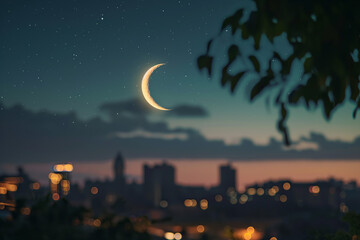 The crescent moon seen over the city during the Eid celebration, Ramadan concept. generative AI