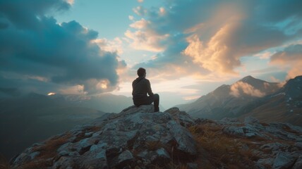 person on top of mountain looking at clouds
