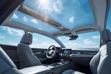 White leather seats in a modern car interior with blue sky and clouds