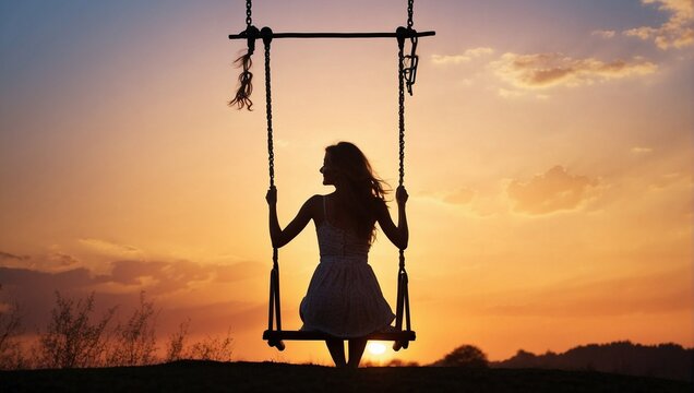 Silhouette of happy young woman back on a swing with sunset background