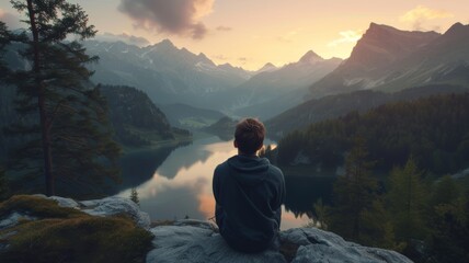person sitting on the top of the mountain looking at lake