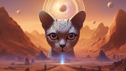 Big Eyed Egyptian Cat in the Middle of a Desert View - Generative AI - obrazy, fototapety, plakaty
