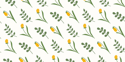 Spring flowers seamless Pattern in flat style. Girly Summer meadow leaves design. Floral pastel colors endless simple decorative vector illustration for print and Mother and Women Day background