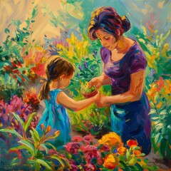 Mother and Daughter in a Vibrant Garden Oil Painting
