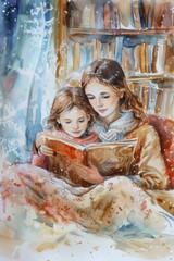 A watercolor illustration of a mother reading a story to her daughter
