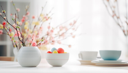 Light composition in the kitchen, dishes with Easter eggs on the table, minimalism. Flowers in a white vase and eggs in a plate, selective focus. Happy Easter