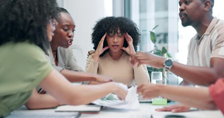 Business people, meeting and conflict with documents, headache or stress in mental health at office. Frustrated woman employee or team fighting in argument or disagreement with paperwork at workplace - Powered by Adobe