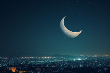 Obraz na płótnie Canvas The crescent moon seen over the city during the Eid celebration, Ramadan concept. generative AI