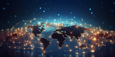 Abstract digital  world map represents a global network concept with international data transfer  , connectivity  , information exchange, telecommunication, worldwide business and cyber technology  - obrazy, fototapety, plakaty