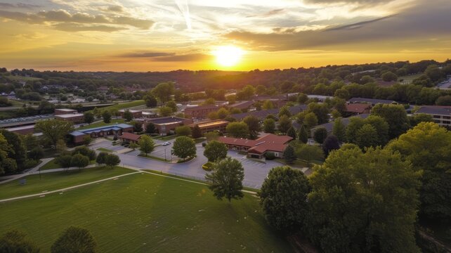 drone aerial photo of a sunset in city