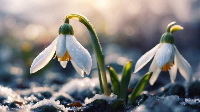 Gorgeous spring flowers snowdrops close up snow