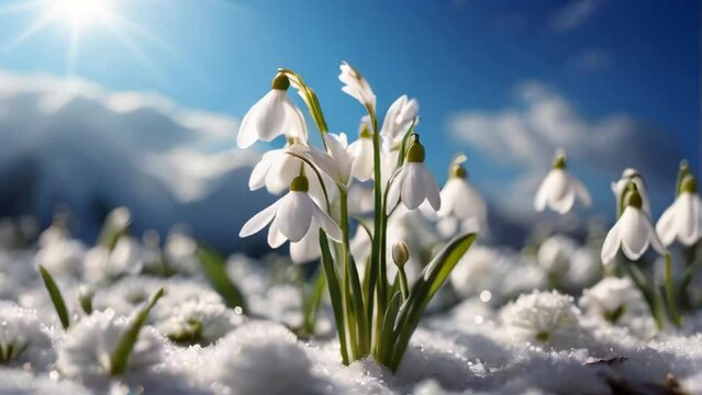 Gorgeous spring flowers snowdrops close up snow