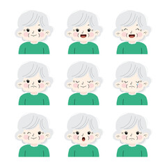 set of cartoon grandma face expression illustration