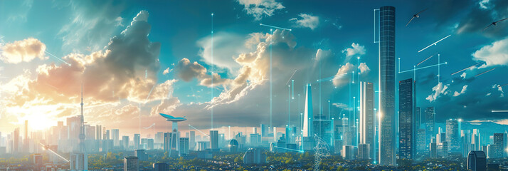 A futuristic city skyline with integrated energy storage structures, renewable sources for a sustainable and resilient urban energy grid. - obrazy, fototapety, plakaty