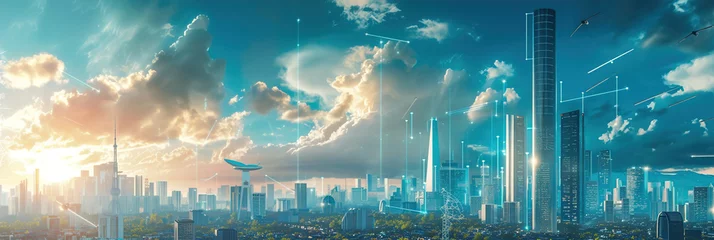 Foto op Canvas A futuristic city skyline with integrated energy storage structures, renewable sources for a sustainable and resilient urban energy grid. © Degimages