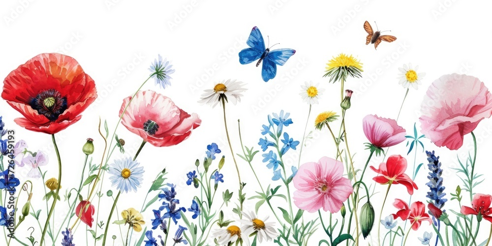 Poster a beautiful painting of colorful flowers and butterflies on a clean white background. perfect for ad